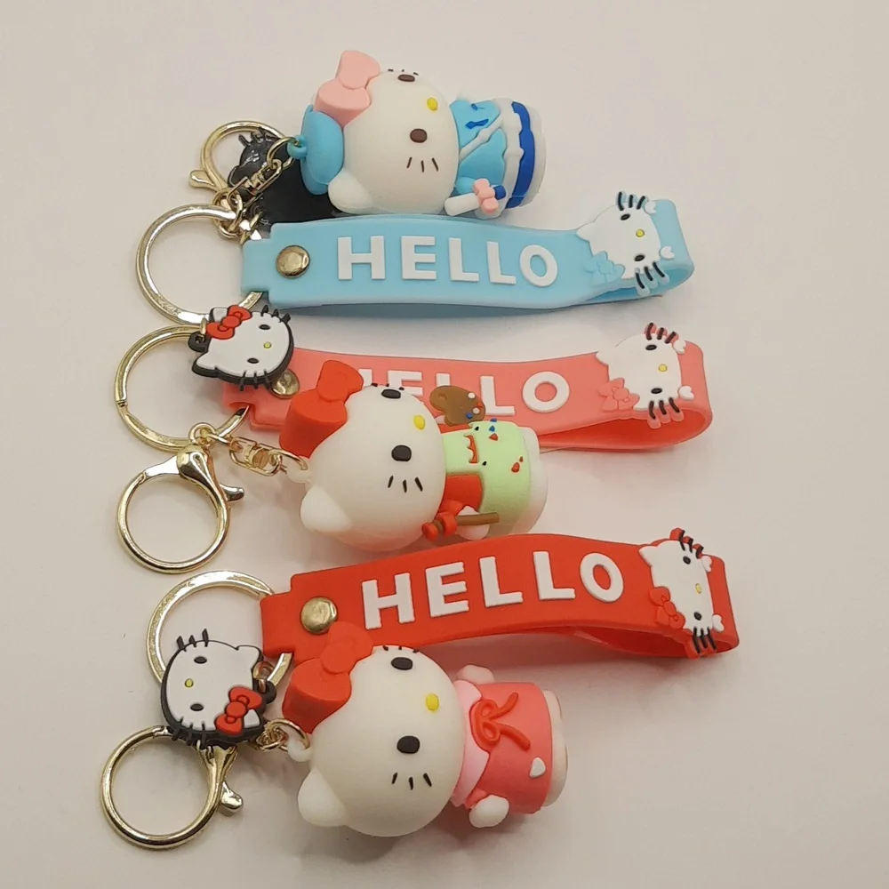 Kawaii Hello Kitty 3D Keychain Bag Charm PendantKeyring Lanyard Car Jewelry 3Pcs